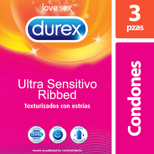 Durex Condones Ulttra Sensitivo Ribbed con 3 pz