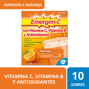 Emergen-C Suplemento Alimenticio Polvo Efervescente Sabor Naranja con 10 Sobres