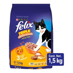 Purina Felix Triple Delicious Granja Alimento Seco para Gatos Adultos Con Pollo Pavo y Carne Bulto de 1.5 kg